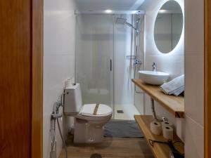 La salle de bains est pourvue de toilettes, d'un lavabo et d'une douche. dans l'établissement Duplex Sierra Nevada - Montebajo - A pie de pista, à Sierra Nevada
