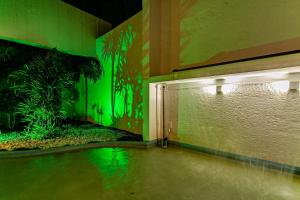 フロリアノポリスにあるNantai premium MOTELの緑の壁の客室で、水のプールがあります。