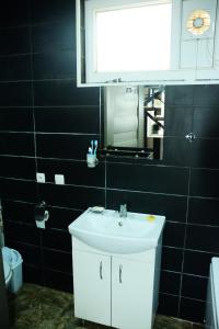 een badkamer met een witte wastafel en een spiegel bij Guesthouse Lasha in Khoni