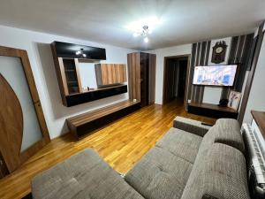 a living room with a couch and a flat screen tv at Debo Apartament in Lugoj