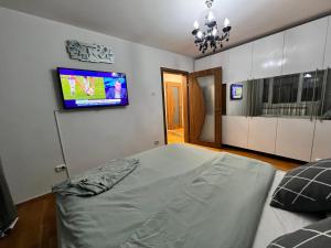 a bedroom with a bed and a tv on the wall at Debo Apartament in Lugoj