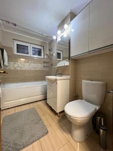 a bathroom with a toilet and a sink and a tub at Debo Apartament in Lugoj