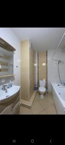 a bathroom with a toilet and two sinks and a shower at CreangaView in Chişinău