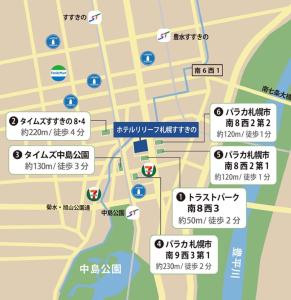 een kaart met de locatie van het hotel bij HOTEL RELIEF Sapporo Susukino in Sapporo
