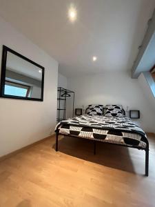 a bedroom with a bed and a large mirror at Bienvenue chez Coco in Dunkerque