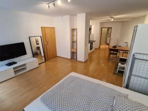 een grote woonkamer met een televisie en een bank bij City Central Apartment in Kaiserslautern