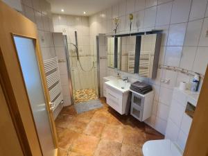 een badkamer met een douche, een wastafel en een toilet bij City Central Apartment in Kaiserslautern