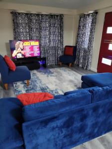 a living room with a blue couch and a flat screen tv at Silverbuttons Apartments & Eats in Dickenson Bay