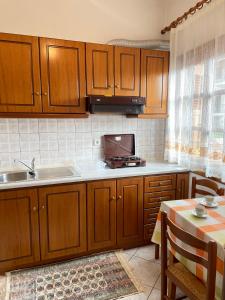 eine Küche mit Holzschränken, einer Spüle und einem Tisch in der Unterkunft ΑΓΝΑΝΤΕΜΑ in Elati, Trikala
