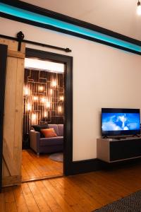 een woonkamer met een tv en een spiegel bij Édouard & Richard in Colmar