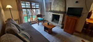 un salon avec un canapé et une cheminée dans l'établissement Apart Hotel Bungalows El Viejo Cipres, à San Carlos de Bariloche 24 autres photos