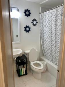 a bathroom with a toilet and a sink and a shower at New ATL Dwntwn Condo with Balcony 2 in Atlanta