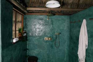 a bathroom with green walls and a shower at Jade Jungle Resort in Teakettle Village