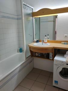 y baño con lavabo, espejo y lavadora. en Chez Maxime Pre du Moulin, en Briançon