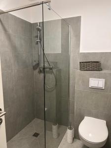 a shower stall with a toilet in a bathroom at Große Apartments für Monteure - Dorsten - in Dorsten
