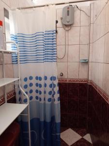 La salle de bains est pourvue d'une douche avec un rideau de douche bleu et blanc. dans l'établissement Killitas home&apart, à Cusco