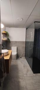 a bathroom with a shower and a toilet and a sink at Apartamento Duque33 in Cartagena