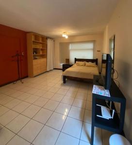 1 dormitorio con 1 cama y escritorio con TV en Convention Center Residential Loft/8k from Airport, en Electriona