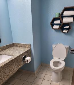 a bathroom with a toilet and a sink at HomeTowne Studios by Red Roof Prattville in Prattville