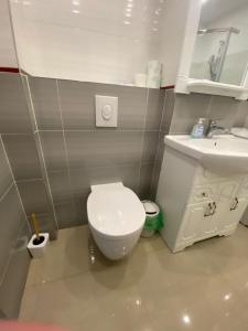 a bathroom with a white toilet and a sink at Apartament Central Suceava in Suceava