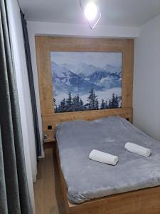 a bedroom with a bed and a window with mountains at Apartman ISKRA Villa Mont in Jahorina
