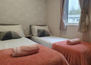 een slaapkamer met 2 bedden en een raam bij Percy Wood Getaway Hot Tub in Swarland