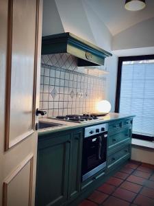 een keuken met groene kasten en een fornuis top oven bij Studio73 Ljubljana in Ljubljana