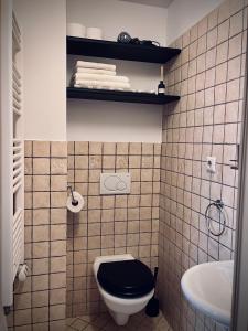 een badkamer met een zwart toilet en een wastafel bij Studio73 Ljubljana in Ljubljana