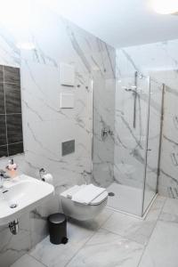 a bathroom with a shower and a toilet and a sink at Hotel Flora in Schwäbisch Gmünd