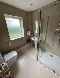 a bathroom with a shower and a toilet and a sink at The Annexe at Greendyke House in Addingham