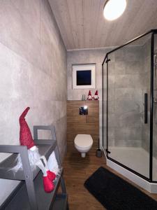 a bathroom with a shower and a toilet with red shoes at Przystanek Krąg in Krąg