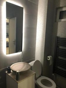 a bathroom with a sink and a toilet with a mirror at Central apartment - Cismigiu & Izvor Park in Bucharest