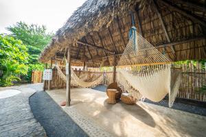 un grupo de hamacas en una choza de paja en Hotel Zelen, en Tamanique