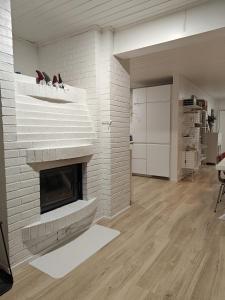 a white brick fireplace with two birds sitting on it at Sunstar Villa in Rovaniemi