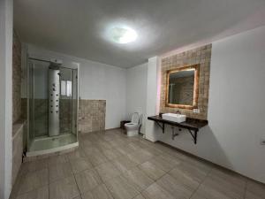 uma casa de banho com um chuveiro, um WC e um lavatório. em Vila Petreceri Evenimente Aniversari Majorate Cornetu em Cornetu
