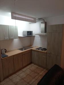a kitchen with wooden cabinets and a sink and a microwave at Ap22 Nature Ardennes Economy class apartment in La Calamine