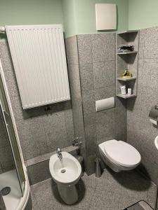 a small bathroom with a toilet and a sink at Bed and Breakfast 33 in Duisburg