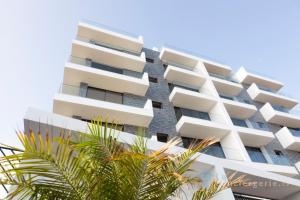 un bâtiment blanc avec un palmier en face dans l'établissement 3 bdr aprt, rooftop pool & seaview - LCGR, à Praia