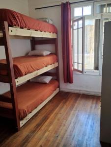 a room with two bunk beds and a window at Wild Bellavista Hostel in Santiago