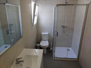 uma casa de banho com um chuveiro, um WC e um lavatório. em Casas do Corgo em Vila Real
