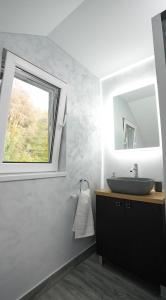 a bathroom with a sink and a window at Casa de pe rau in Telega
