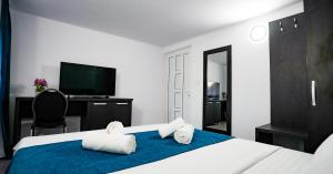 a bedroom with a bed with a desk and a television at Casa de pe rau in Telega