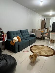 una sala de estar con un sofá azul y un perro pequeño en Casa com piscina em Imbé/Rs en Imbé