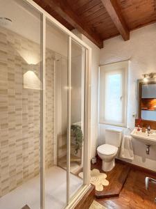 a bathroom with a shower and a toilet and a sink at Villa Mirador in Manzanera