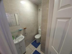 La salle de bains est pourvue de toilettes blanches et d'un lavabo. dans l'établissement Eastwood Rooms, à Goodmayes
