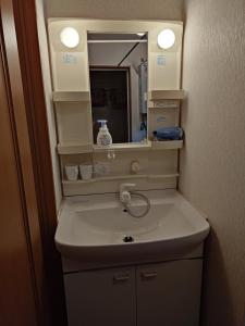 W łazience znajduje się umywalka i lustro. w obiekcie Anna's House w mieście Sapporo