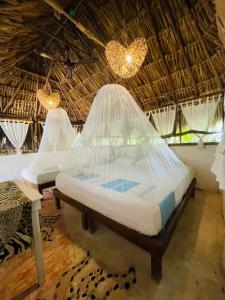 two beds in a room with nets on them at Casa Jade Ecobungalows Las coloradas in Yuluc