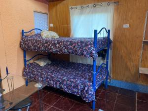 two bunk beds in a room with a window at Alojamiento Pichidangui in Pichidangui