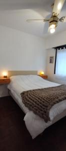 ein Schlafzimmer mit einem Bett mit einer braunen Decke darauf in der Unterkunft Una casita en la loma in La Plata