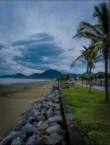 een strand met palmbomen en een stenen muur bij Casa do Enzo in Peruíbe